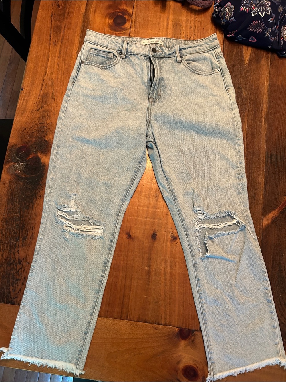 Altar'd State  Light Wash Straight Jeans with Knee Distressing cropped